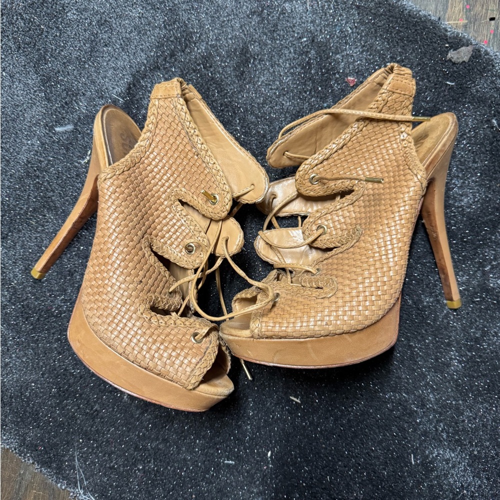 SCHUTZ Woven Tan Platform Stilettos with Lace-Up Design